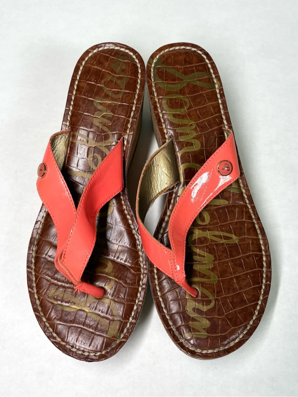 Sam Edelman Romy Croc Print Cork Wedge Thong Sandal US 7.5 Coral